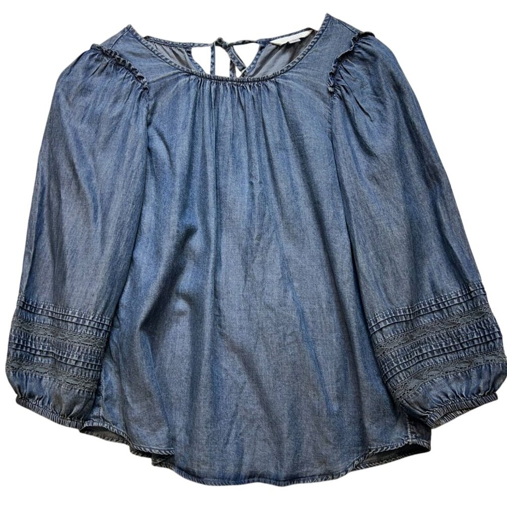 LC Lauren Conrad Women's Flowy Puff Sleeve Chambray Top Stretch Size XS Blue